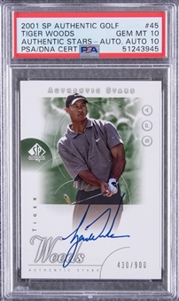 2001 SP Authentic Golf Authentic Stars Auto #45 Tiger Woods Signed Card - PSA GEM MT 10, PSA/DNA 10